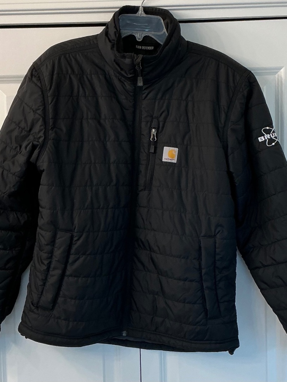 Carhartt Puffy Coat Med Black Relaxed Rain Defender Jacket Zip Pockets Bruker